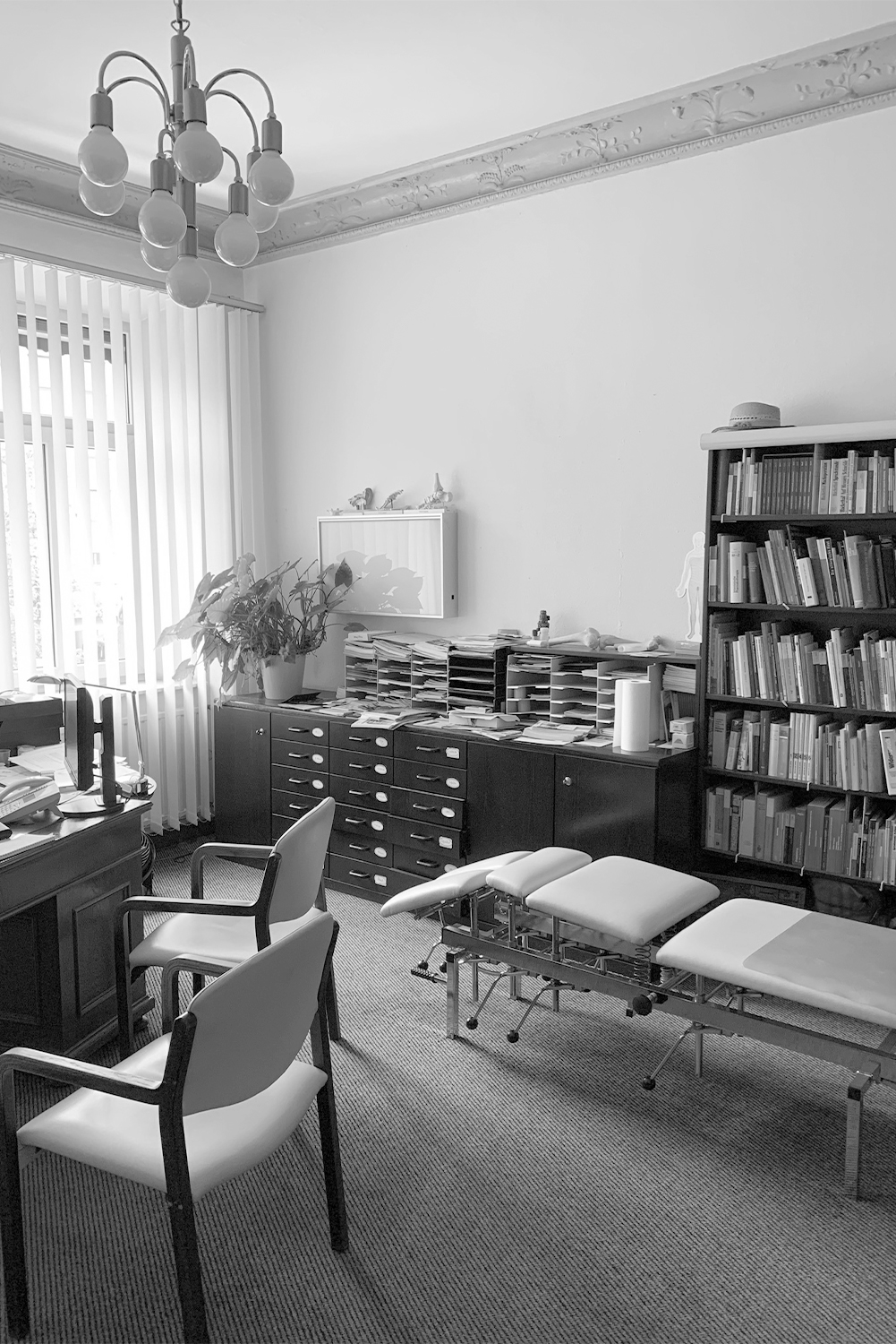 Arztpraxis mit Schreibtisch, Stuhl und Bücherregal im modernen Stil des Ärztehauses, Dr. Sell und Dr. Stocker in Nürnberg